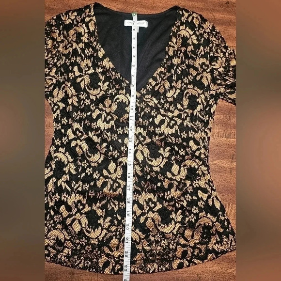 Coldwater Creek Womens Sz Small Gold Black Lace Overlay Floral Surplice Blouse - Picture 13 of 16